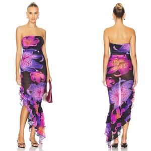 RETROFETE Trista Strapless Floral Asymmetric Ruffle Mesh Maxi Dress Size XS